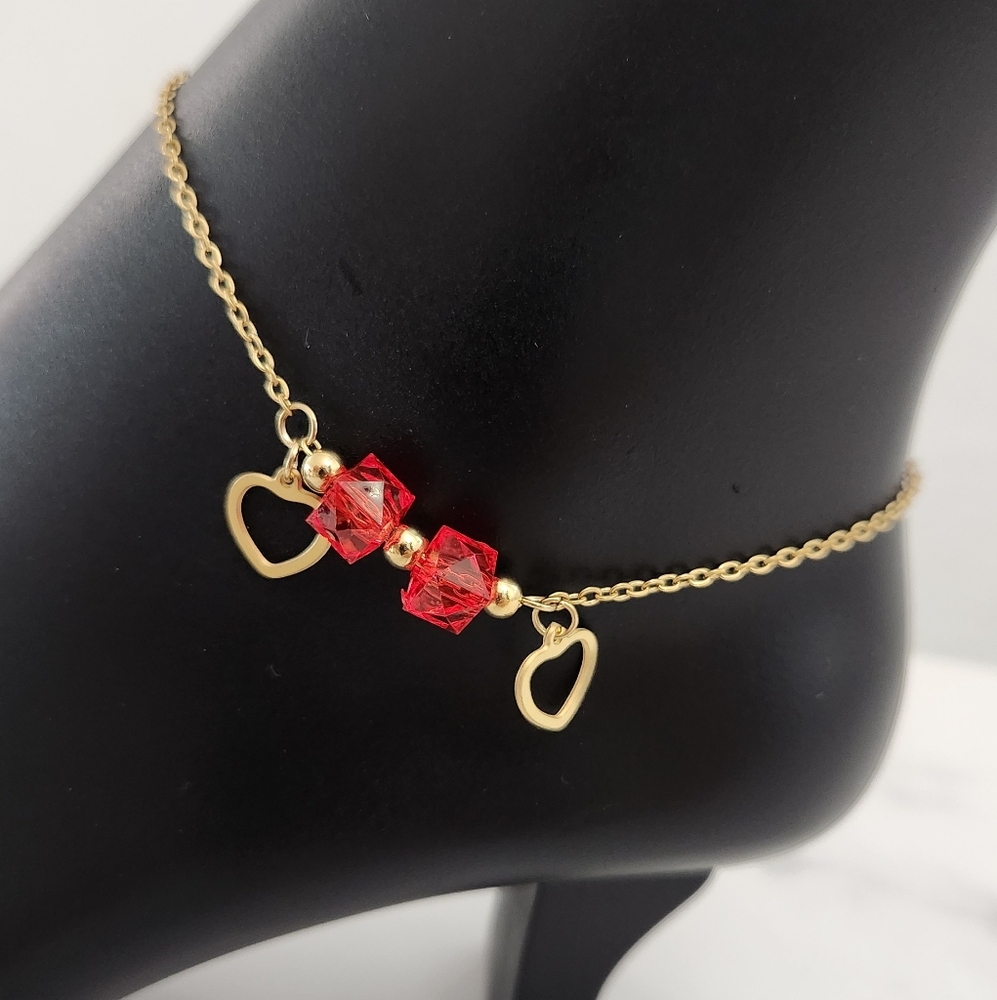 Gold Stainless Steel Anklet Heart Charm with Red Beads Adjustable Dainty Bra - Picture 6 of 12